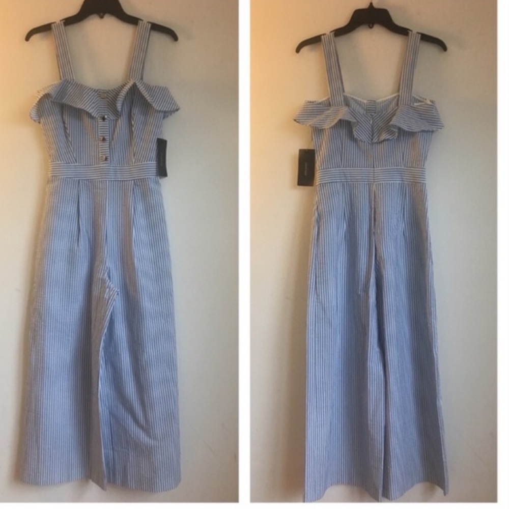 Zara Wide Leg Striped Jumpsuit w/Ruffle Neck